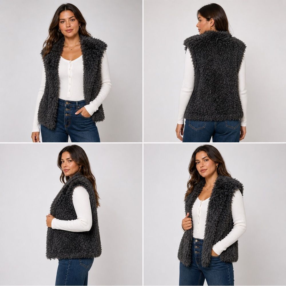NWT Amanda Charles Cozy Sherpa Vest in Charcoal Women's Sleeveless Jacket Vest L